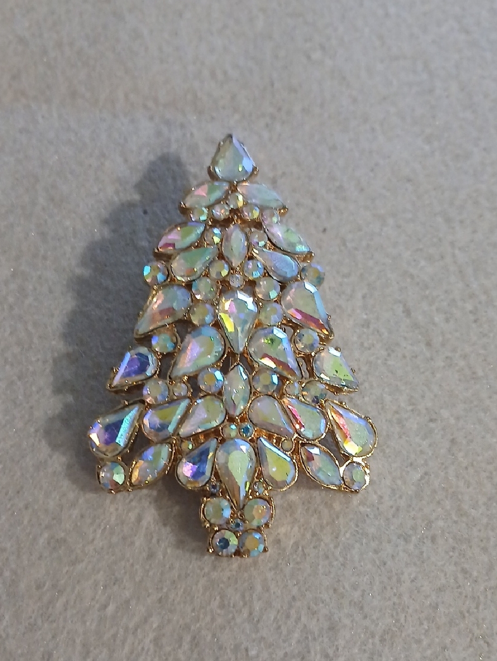 Christmas Iridescent Crystal Tree Brooch - Gold Tone
